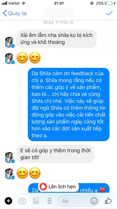 feedback của khách hàng khi sử dụng shila