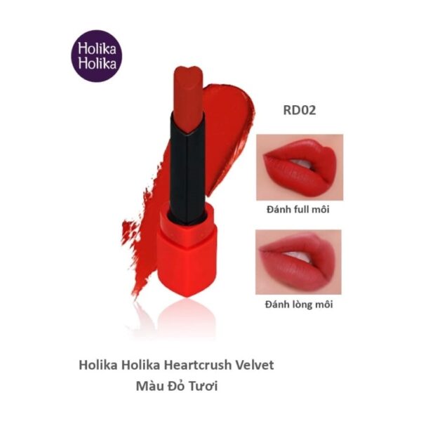 Son mềm mịn lâu trôi Holika Holika Heartcrush Lipstick Comfort Velvet Spicy màu đỏ tươi RD02_1,8g 1